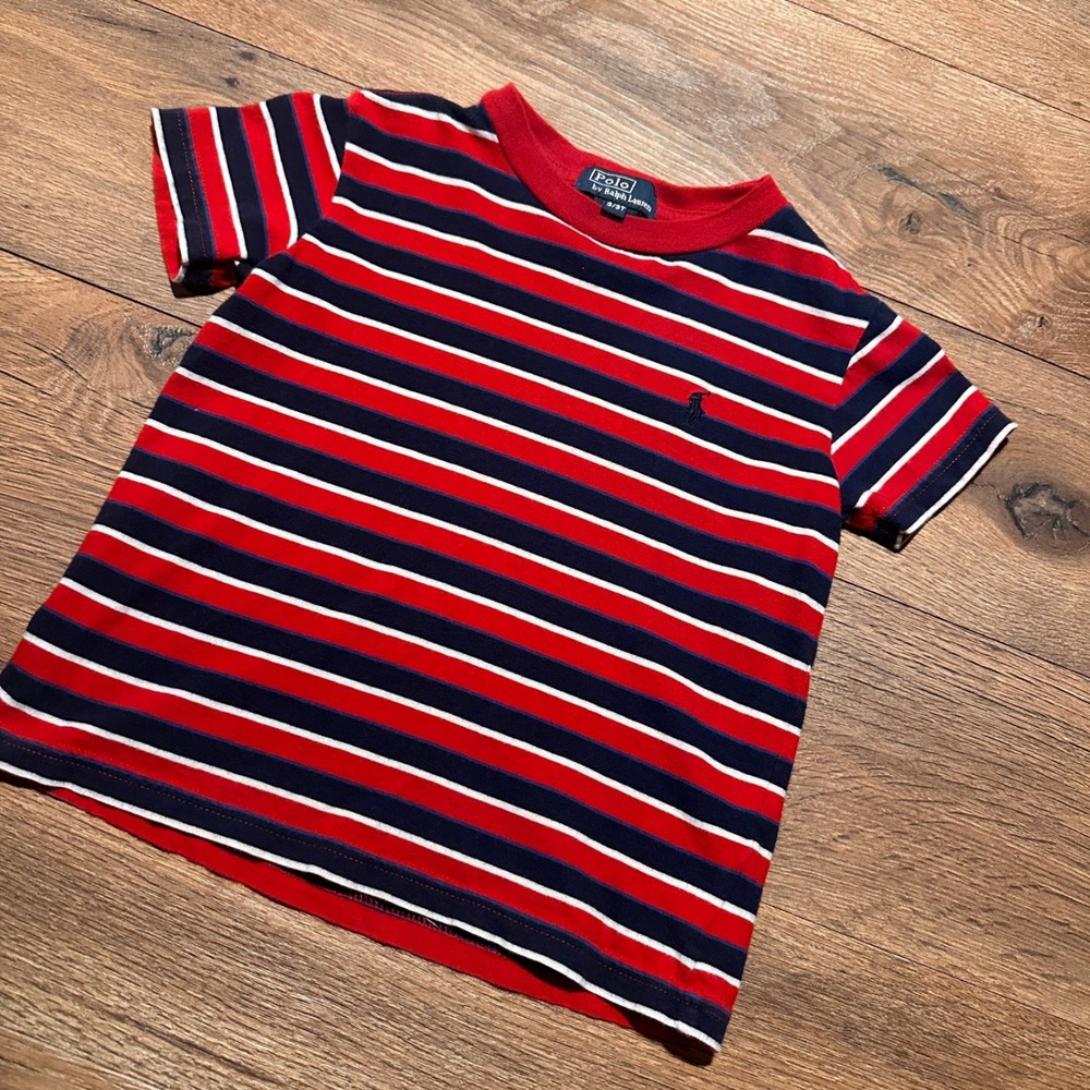 Vintage Polo Ralph Lauren Red Navy Blue Striped T-Shirt Toddler Boy 3T